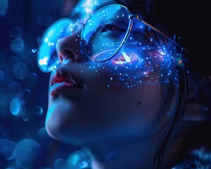 Ethereal Close-Up Portrait of a Woman with Glasses Reflecting a Luminous and Futuristic Blue Light Bokeh