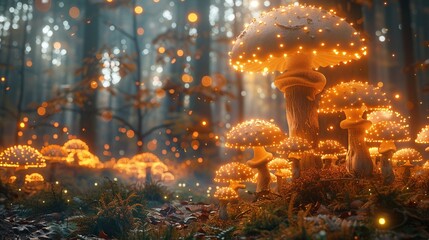 Glowing mushrooms, Forest floor, Creatures of light, Illuminated by bioluminescence, 3D render - obrazy, fototapety, plakaty