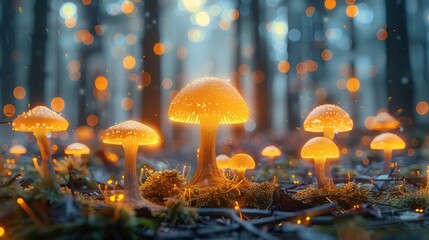 Glowing mushrooms, Forest floor, Creatures of light, Illuminated by bioluminescence, 3D render - obrazy, fototapety, plakaty