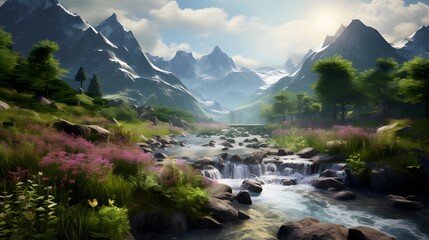 Panoramic view of a mountain river in the summer. Mountain river landscape.