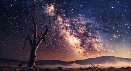 Impressive view with the foreground being the remains of a tree Against the background is a mountain view and a sky with the Milky Way and stars , long exposure picture picture. - obrazy, fototapety, plakaty