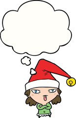 cartoon girl wearing christmas hat with thought bubble