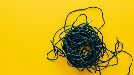 Computer wires tangled in a roll on a yellow background - obrazy, fototapety, plakaty