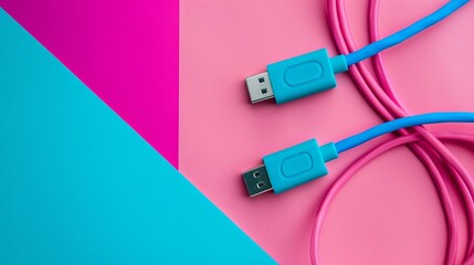 Neon pink and blue USB cables in top view against a vibrant cardboard backdrop