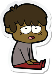 sticker of a cartoon exhausted boy