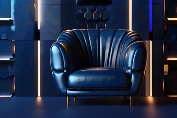 Generative AI illustration of contemporary stylish leather armchair placed on shiny glowing blue surface in dark blue background Generative AI