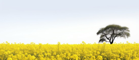 Field of colza rapeseed yellow flowers and blue sky, white background