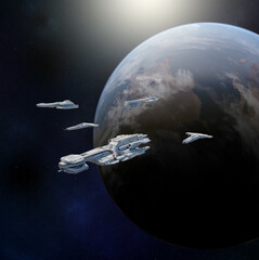 Deep Space Battle Fleet of Five Spaceships Leaving an Alien Planet, 3d digitally rendered science fiction illustration