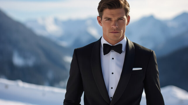 dapper penguin in a classic black tuxedo, complete with a silk bow tie and cufflinks. Against a backdrop of icy glaciers, it exudes timeless elegance and sophistication. Mood: formal and refined
