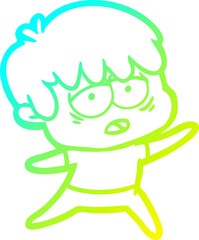 cold gradient line drawing of a cartoon exhausted boy