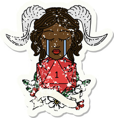 Retro Tattoo Style crying tiefling with natural one D20 roll