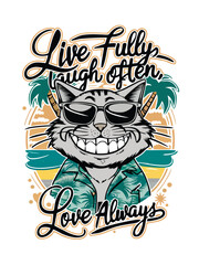 happines cat illustration with quotes and stylish typography in summer vibes theme. design illustration for tshirt, poster, banner and more. colorful design summer vibes theme vector ilustration