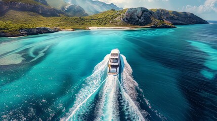 Aerial view of a luxury motor boat. Speed boat on the azure sea in turquoise blue water	
