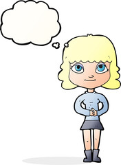 cartoon happy woman with thought bubble