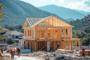 Construction workers building a house on a construction site with mountains in the background - obrazy, fototapety, plakaty