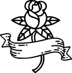 tattoo in black line style of a rose and banner