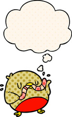 cartoon robin with worm with thought bubble in comic book style