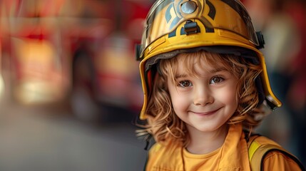 portrait of a boy wearing firefighter helmet. Generative AI