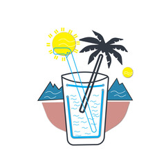 Summer concept, a glass with palm tree and sun, river 