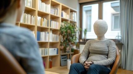 Person with yarn head visit psychotherapist. Concept of stress, overwork, anxiety, depression, lonely - obrazy, fototapety, plakaty