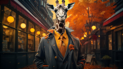 A chic giraffe struts in a designer trench coat, with a silk scarf fluttering in the wind. Against a backdrop of city lights, it exudes elegance and urban charm. The mood: sophisticated and cosmopolit - obrazy, fototapety, plakaty