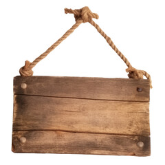 Rustic wooden signboard with a rough texture, hanging on a thick twine rope. Isolated, PNG cutout.