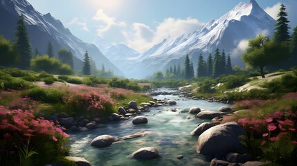Panorama of a mountain river with pink flowers and snow-capped peaks