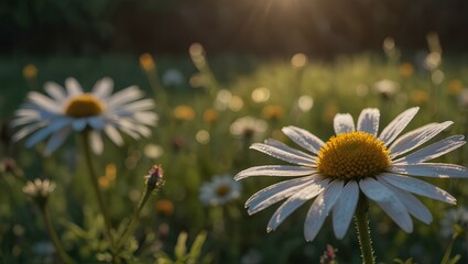 Daisies and wildflowers in summer field