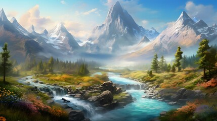 Panoramic mountain landscape with river and forest in the foreground.