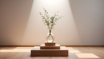 Minimalistic setting with a vase in front of a wall with shadows. Aesthetic 	

