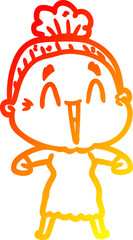 warm gradient line drawing of a cartoon happy old lady