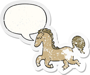 cartoon horse running with speech bubble distressed distressed old sticker