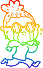 rainbow gradient line drawing of a cartoon crying woman wearing spectacles