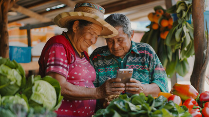 Senior mexican couple buying vegetables or lettuce at the street market using smartphone