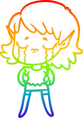 rainbow gradient line drawing of a cartoon crying elf girl