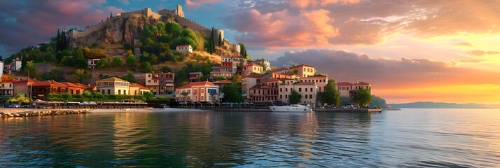 Historic coastal town under serene sunset with luxury yachts in harbor - obrazy, fototapety, plakaty