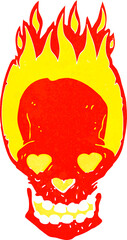 cartoon flaming skull with love heart eyes