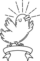 scroll banner with black line work tattoo style happy bird