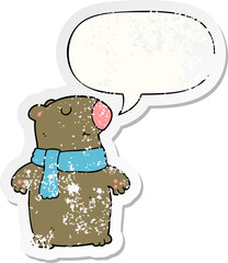 cartoon bear with speech bubble distressed distressed old sticker