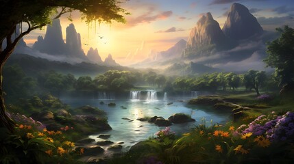 Beautiful panoramic fantasy landscape with river and mountains at sunrise