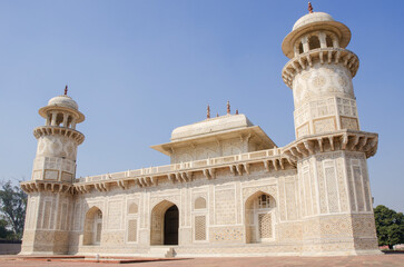 Tomb of Itmad-ud-Daulah was made with white marble, called as a "jewel box" or "Baby Taj", Agra, Uttar Pradesh, India.