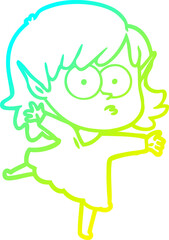 cold gradient line drawing of a cartoon elf girl staring