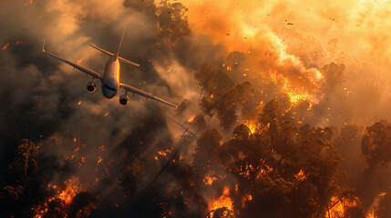 airplane shot, forest fire. A plane flies over a burning forest - obrazy, fototapety, plakaty