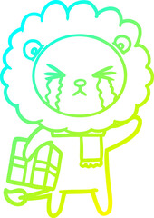 cold gradient line drawing of a cartoon crying lion