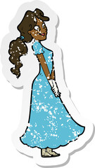 retro distressed sticker of a cartoon pretty woman in dress