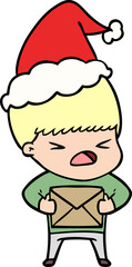hand drawn line drawing of a stressed man wearing santa hat