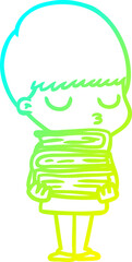 cold gradient line drawing of a cartoon calm boy