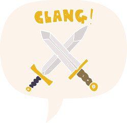 cartoon sword fight with speech bubble in retro style