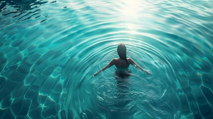 Swimmer enjoys a serene moment in a tranquil azure pool - obrazy, fototapety, plakaty