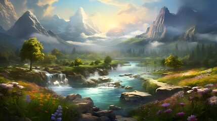 Panoramic view of a mountain river in the morning. Landscape with a mountain river.